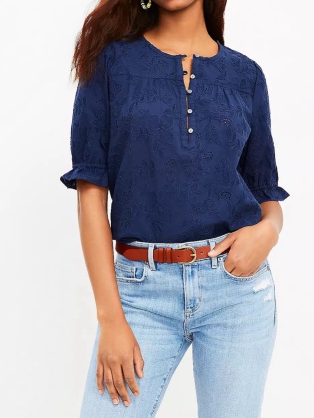 LOFT Women’s Embroidered Puff Sleeve Top-Sailor Navy-Size Small